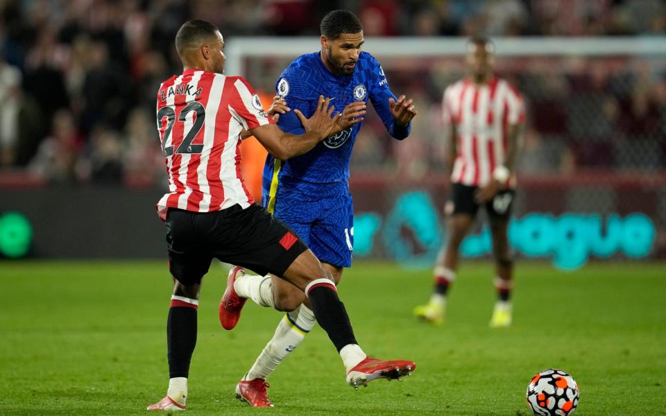 Brentford's Mathias Jorgensen, left, fouls Chelsea's Ruben Loftus-Cheek during the English Premier Leagu - AP