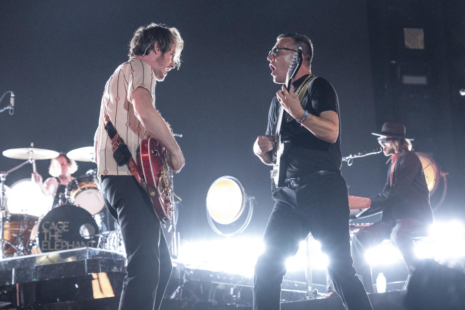 Nick Bockrath, front left, and Brad Shultz, front right, of Cage The Elephant, perform during the Bonnaroo Music & Arts Festival, Saturday, June 15, 2024, in Manchester, Tenn. (Photo by Amy Harris/Invision/AP)