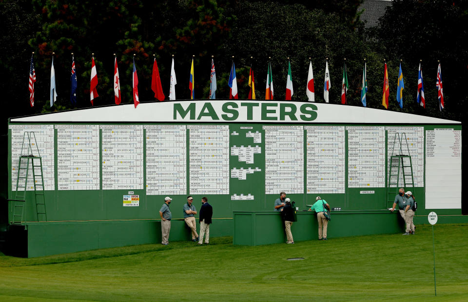 AUGUSTA, GEORGIA - NOVEMBER 13:  A general view of the scoring board next to the first hole during the first round of the Masters at Augusta National Golf Club on November 13, 2020 in Augusta, Georgia. (Photo by Patrick Smith/Getty Images)