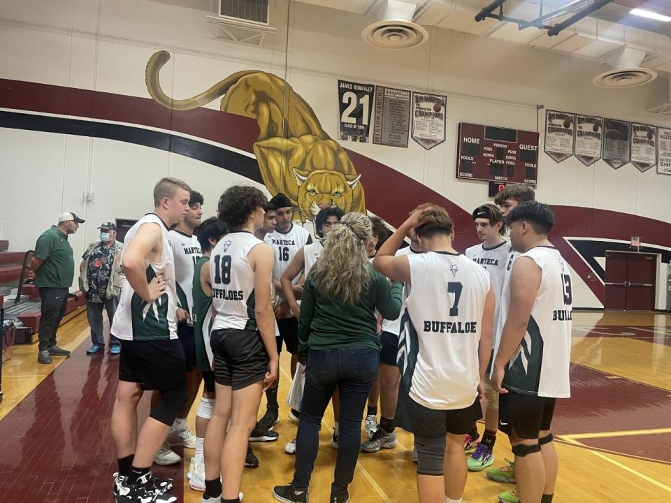 Manteca boys volleyball team huddles before Tuesday's match against Weston Ranch started at Weston Ranch High School.