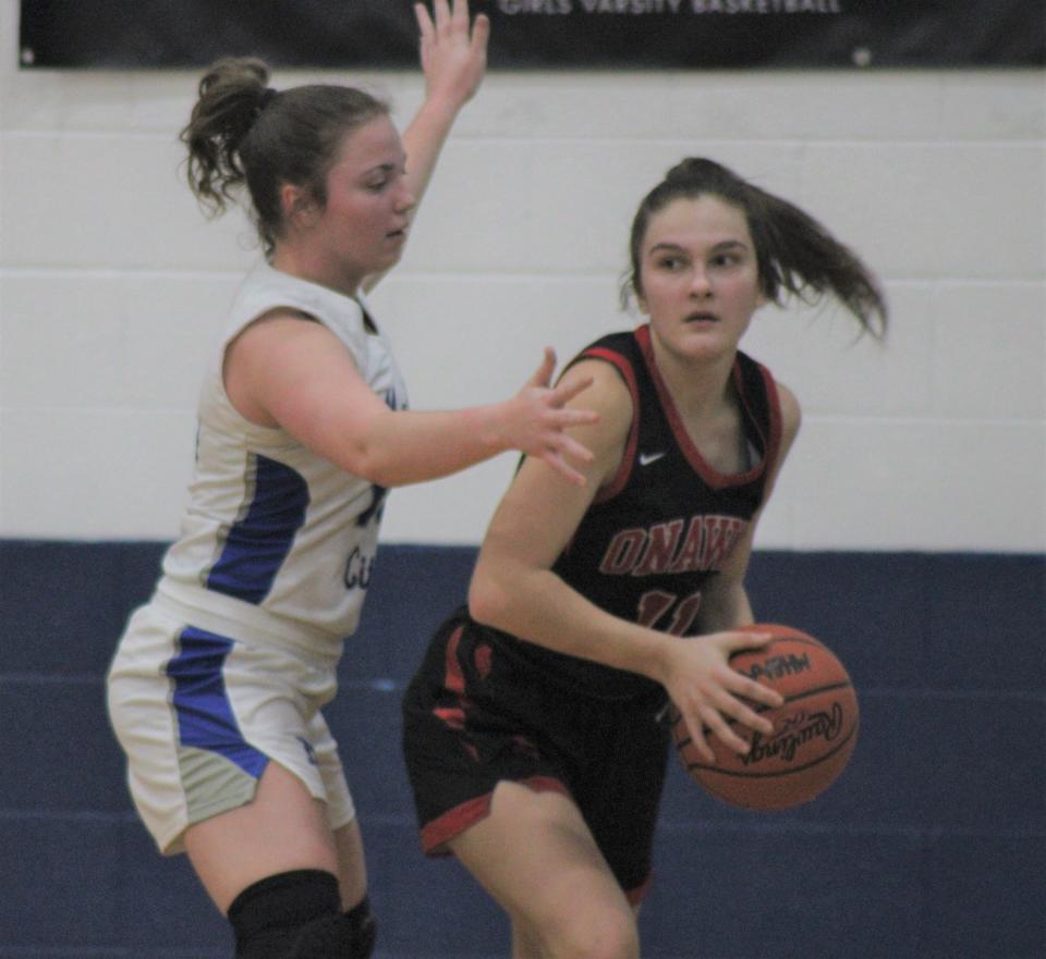Mackinaw City junior Jersey Beauchamp (left) defends Onaway sophomore Kailyn George during the first half on Thursday.