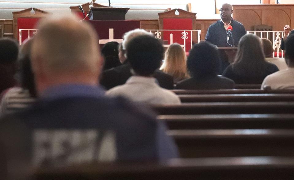 Daytona Beach Mayor Derrick Henry spoke to Midtown residents Monday night at Mount Bethel Baptist Church during a meeting with FEMA and Daytona Beach officials for residents impacted by flooding from Tropical Storms Ian and Nicole.