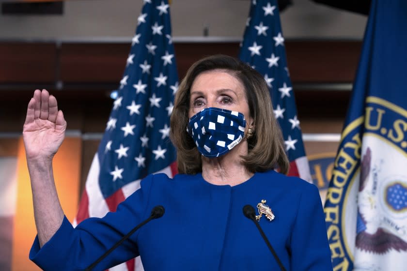 In this Oct. 22, 2020, photo, House Speaker Nancy Pelosi, D-Calif. speaks during a news conference on Capitol Hill, in Washington. In Election 2020, control of the House is not in dispute and Speaker Nancy Pelosi is expanding her reach by working to fortify Joe Biden and win extra seats in case Congress is called on to resolve any Electoral College dispute. (AP Photo/Jose Luis Magana)