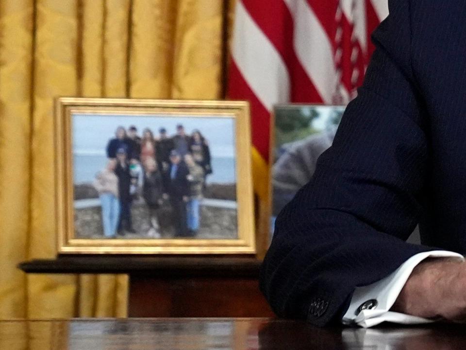 A Biden family photo sat to the president’s left as he spoke to Americans (Getty Images)