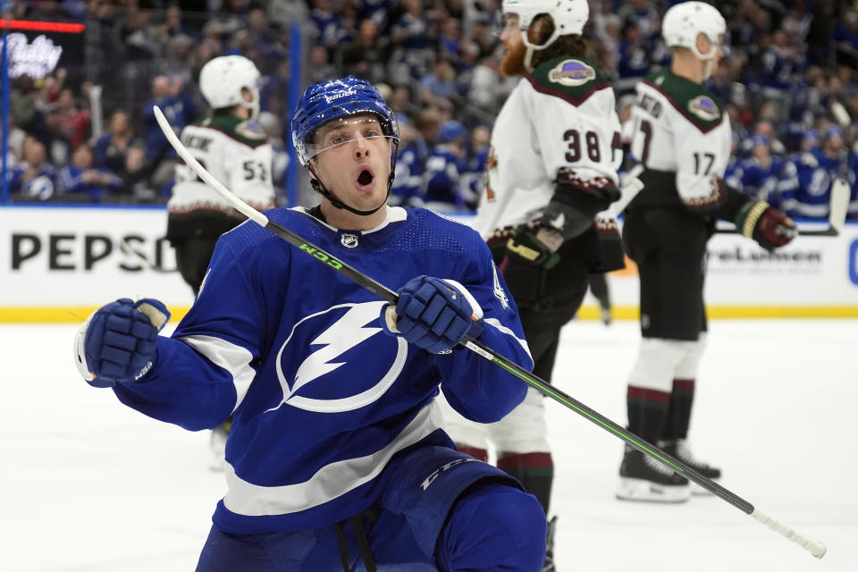 Tampa Bay Lightning right wing Mitchell Chaffee (41) celebrates his goal against the Arizona Coyotes during the second period of an NHL hockey game Thursday, Jan. 25, 2024, in Tampa, Fla. (AP Photo/Chris O'Meara)