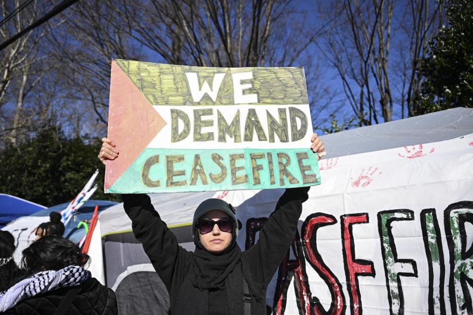 PHOTO: Pro-Palestinian protesters set up camp across from U.S. Secretary of State Antony Blinken's home, Feb. 1, 2024, in McLean, Va. (Celal Gunes/Anadolu via Getty Images, FILE)