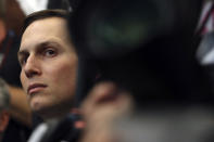 Senior adviser Jared Kushner listens during a meeting with President Donald Trump and Chinese Vice Premier Liu He in the Oval Office of the White House in Washington, Friday, Oct. 11, 2019. (AP Photo/Andrew Harnik)