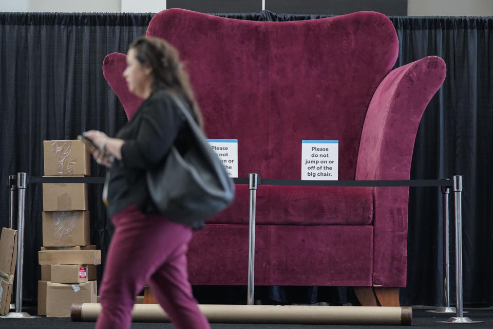 A large chair, part of an exhibit highlighting Banned Books Week, is displayed at the American Library Association's annual conference and exhibition on Friday, June 23, 2023, at McCormick Place in Chicago. (AP Photo/Erin Hooley)