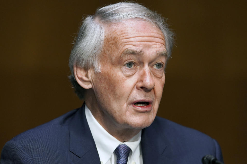 Sen. Edward Markey, D-Mass., introduces former U.S. Ambassador to the United Nations Samantha Power during a Senate Foreign Relations Committee on the nomination of Power to be the next Administrator of the United States Agency for International Development (USAID), Tuesday, March 23, 2021 on Capitol Hill in Washington. (Greg Nash/Pool via AP)