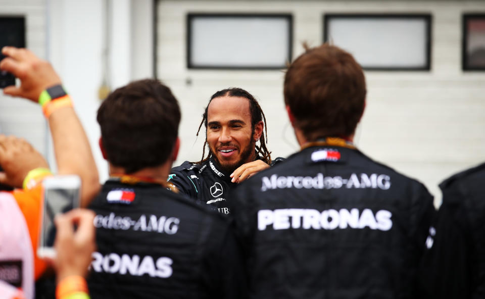 BUDAPEST, HUNGARY - JULY 19: Race winner Lewis Hamilton of Great Britain and Mercedes GP celebrates in parc ferme after the Formula One Grand Prix of Hungary at Hungaroring on July 19, 2020 in Budapest, Hungary. (Photo by Bryn Lennon/Getty Images)