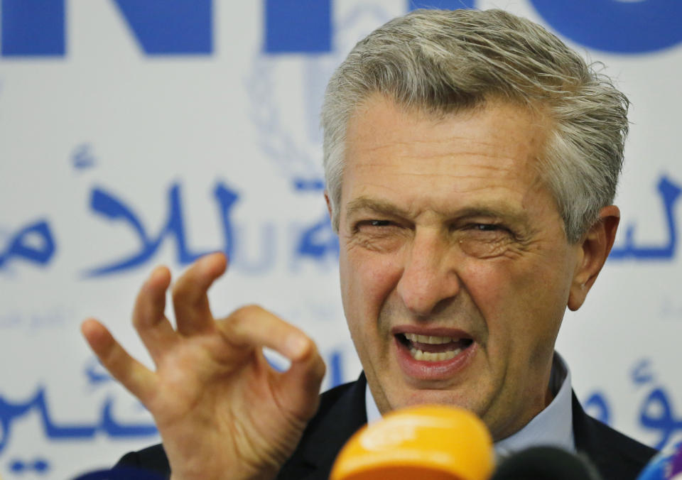 Filippo Grandi UN High Commissioner for Refugees, gestures as he speaks during a news conference, in Beirut, Lebanon, Friday, Aug. 31, 2018. Grandi says a potential military offensive in the last rebel stronghold in Syria threatens to cause fresh displacement as well as discouraging refugees against returning home. (AP Photo/Hussein Malla)