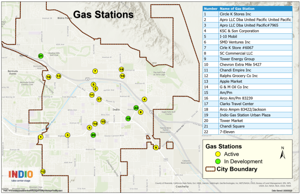 A map of current and planned gas stations in the city of Indio.