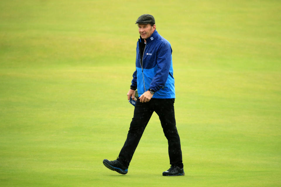 Sir Nick Faldo looks on during a practice round prior to the 148th Open Championship held on the Dunluce Links at Royal Portrush Golf Club on July 17, 2019 in Portrush, United Kingdom.