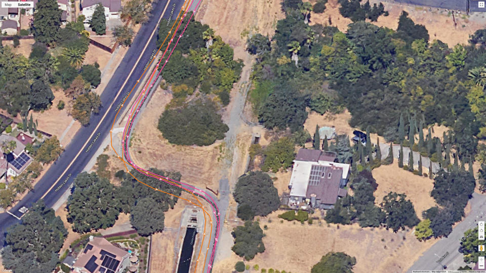 A screenshot of a portion of a satellite GPS map, showing how the Garmin Forerunner 165 and COROS PACE 3 compare for GPS accuracy.