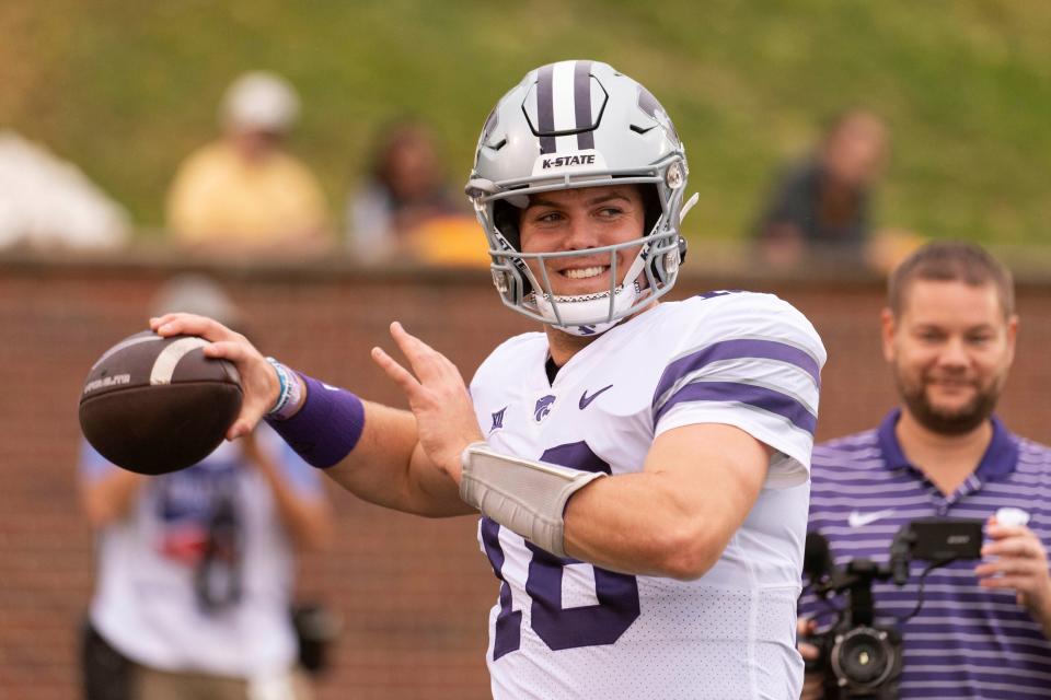 Kansas State quarterback Will Howard warms up before the start of an NCAA college football game against Missouri Saturday, Sept. 16, 2023, in Columbia, Mo. (AP Photo/L.G. Patterson)