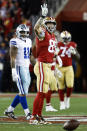 San Francisco 49ers tight end George Kittle (85) celebrates after catching a pass against the Dallas Cowboys during the second half of an NFL divisional round playoff football game in Santa Clara, Calif., Sunday, Jan. 22, 2023. (AP Photo/Josie Lepe)