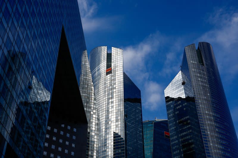 Skyscrapers of French bank Societe Generale in La Defense near Paris