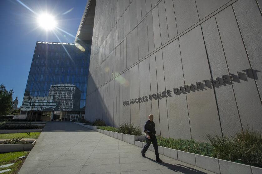 Overall, shows LAPD Headquarters on 1st St. in downtown Los Angeles