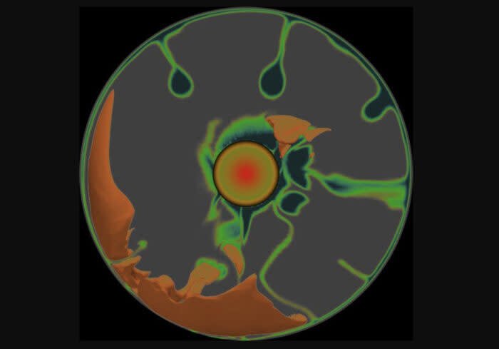 IBC in green, and the thermal anomaly created by a giant impact in brown. Image: Adrien Broquet, LPL/Nan Zhang, PKU