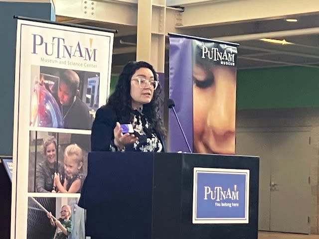 Kelly Lao, the Putnam’s vice president of museum experiences and interim co-CEO, speaks at the museum’s annual Power Breakfast in the Grand Lobby, Wednesday, May 15, 2024 (photo by Jonathan Turner).