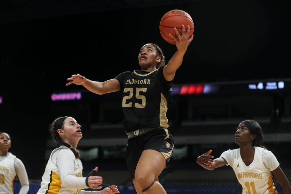 Amarillo's McKenzie Smith makes a basket during the UIL Class 5A state semifinal game on Thursday, March 3, 2022, at the Alamodome in San Antonio, Texas.
