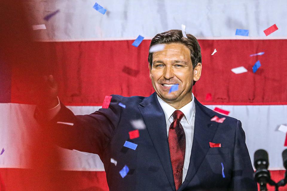 Republican gubernatorial candidate for Florida Ron DeSantis waves to the crowd during an election night watch party at the Convention Center in Tampa, Florida, on November 8, 2022. (Giorgio Viera/AFP via Getty Images)