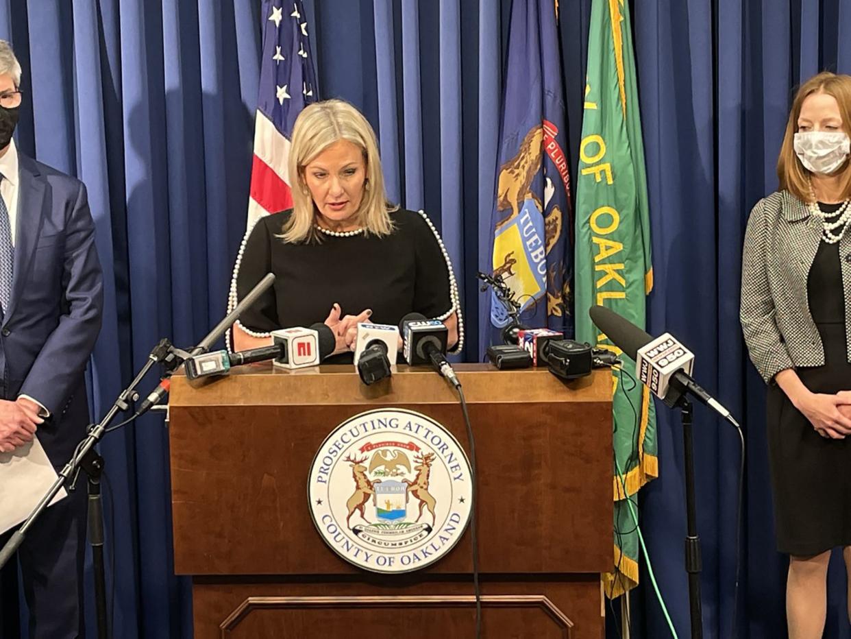 Oakland County Prosecutor Karen McDonald announces multiple manslaughter charges against James and Jennifer Crumbley, parents of Oxford High School shooting suspect Ethan Crumbley during a press conferenceon December 3, 2021.