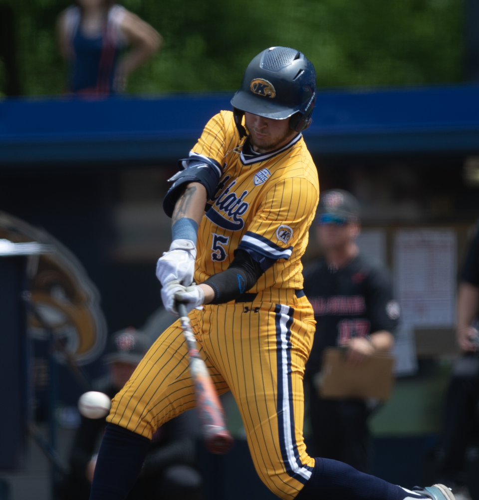 Kent State's Aidan Longwell gets a base hit during a May 27, 2023 game against Ball State.