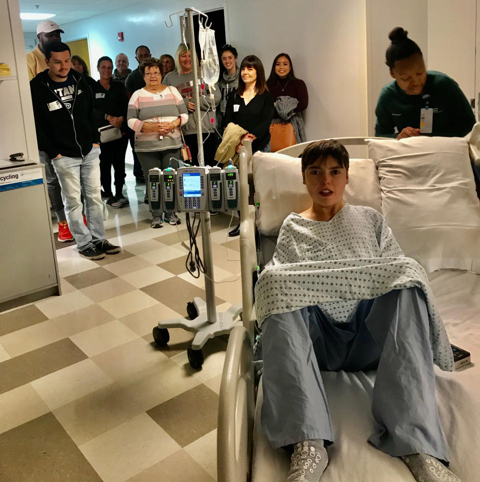 Former Ohio State quarterback Cardale Jones (upper left) waits with the family of Jared Foley in the hospital. The two have formed a bond since Jones' time at OSU. (Credit: Foley family)