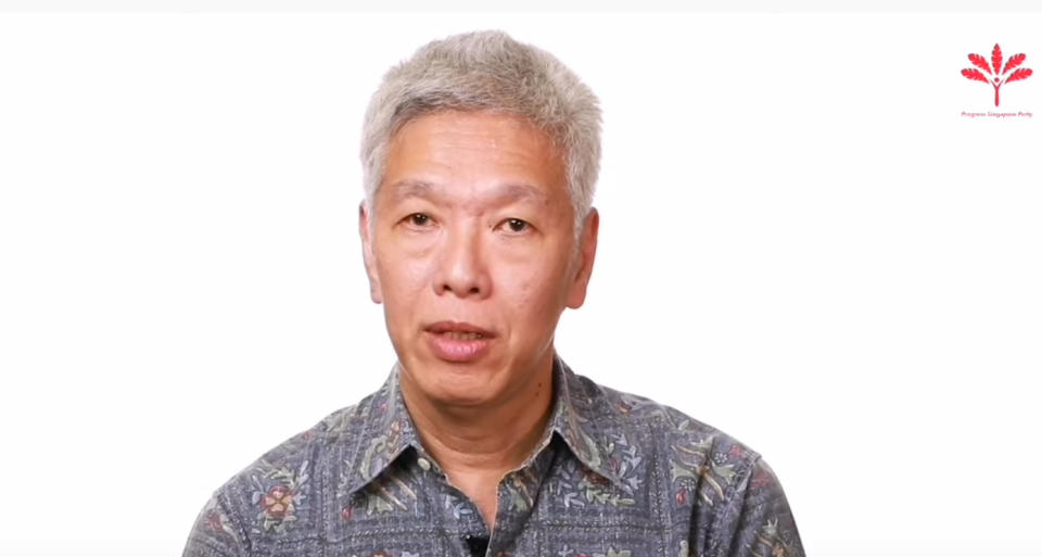 Lee Hsien Yang, younger brother of Prime Minister Lee Hsien Loong, addresses the nation in a Facebook Live video for Progress Singapore Party. SCREENSHOT: PSP Facebook page