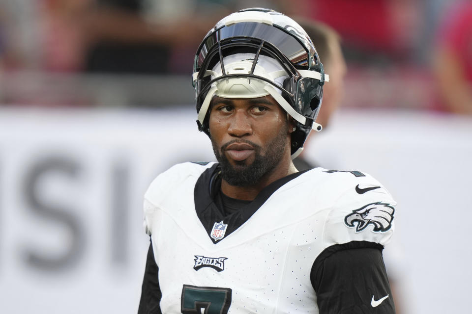 Philadelphia Eagles linebacker Haason Reddick (7) warms up before an NFL football game against the Tampa Bay Buccaneers, Monday, Sept. 25, 2023, in Tampa, Fla. (AP Photo/Peter Joneleit)