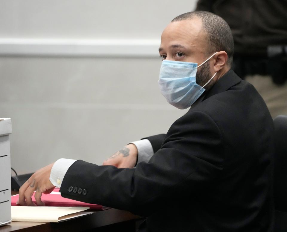 Darrell Brooks appears in court during his trial in Waukesha County Circuit Court in Waukesha, Wis., on Tuesday, Oct. 18, 2022. Brooks, who is representing himself during the trial, is charged with driving into a Waukesha Christmas Parade last year, killing six people and injuring dozens more.