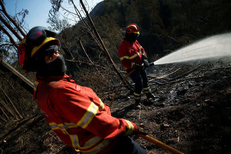 A firefighter drops water in the aftermath of the fire, next to a road between Monchique and Silves, Portugal August 9, 2018. REUTERS/Pedro Nunes