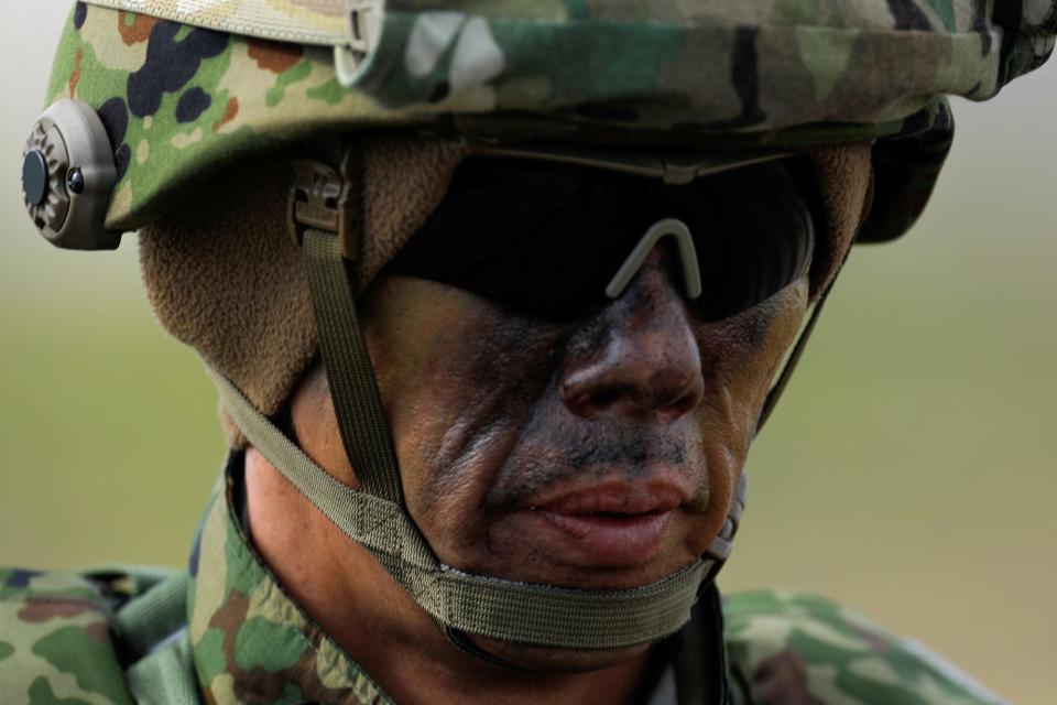 A soldier from Japan's Ground Self-Defense Force participates in a beach invasion drill at Camp Pendleton, California in February 2019