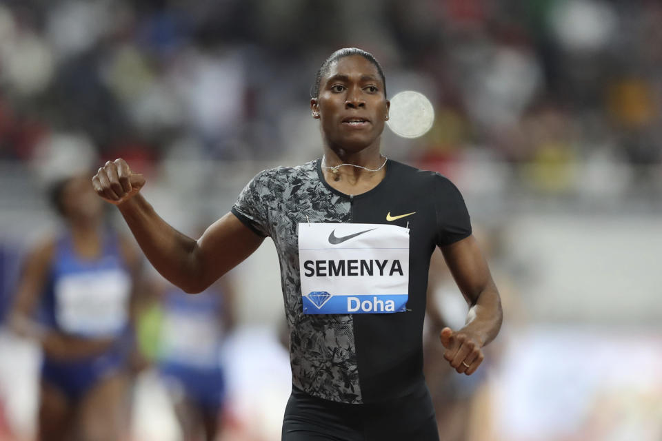 South Africa's Caster Semenya crosses the line to win the gold in the women's 800-meter final during the Diamond League in Doha, Qatar, Friday, May 3, 2019. (AP Photo/Kamran Jebreili)