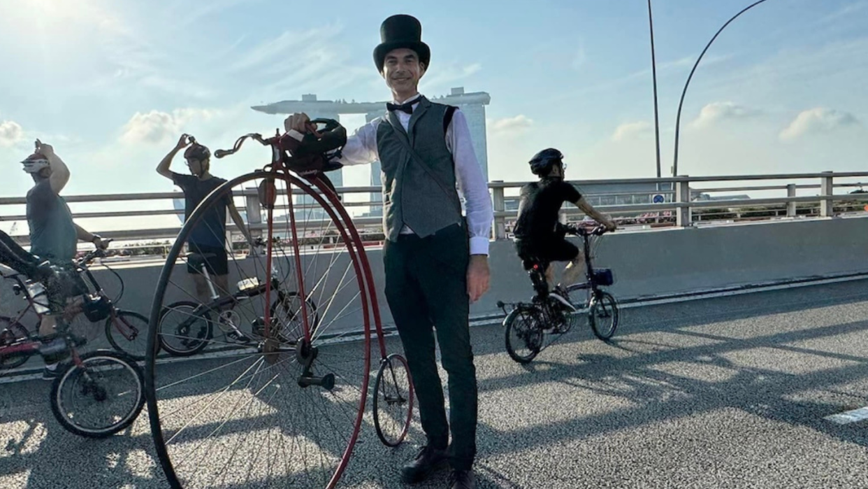 Cycling enthusiast Rembrandt Struijk, 45, takes a spin on a 145-year-old penny farthing at Singapore's Car-Free Sunday event