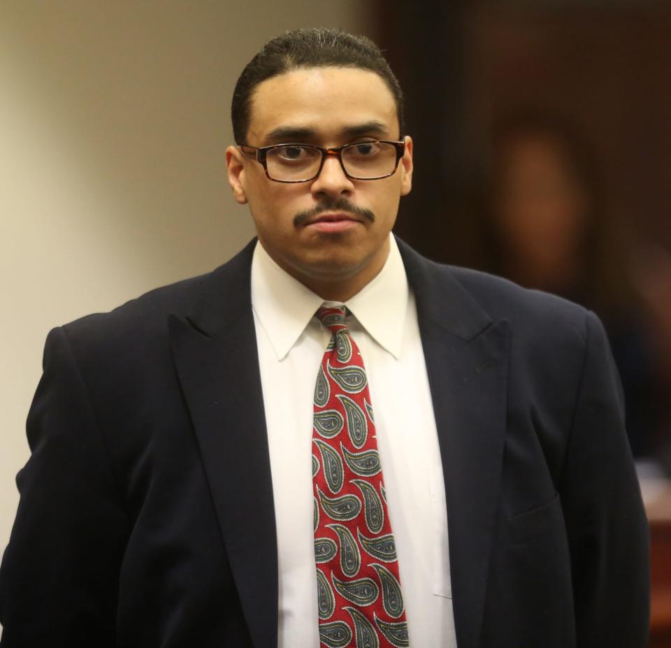 The trial of John Hernandez Felix, who faces the death penalty in the 2016 shooting deaths of Palm Springs police officers Jose Gilbert Vega and Lesley Zerebny, has begun. Felix is photographed during a break in the proceedings on April 17, 2019.