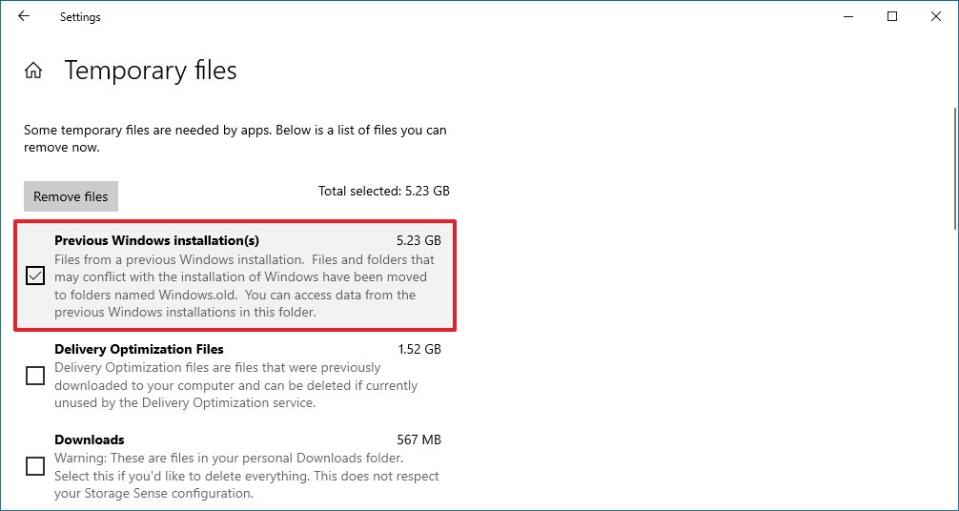 Delete previous installation files of Windows 10