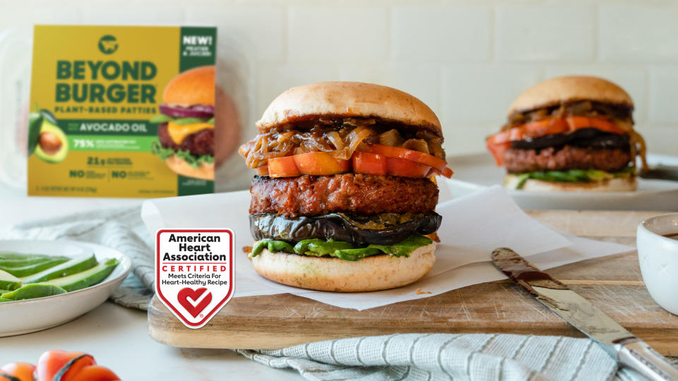 The Avocado and Caramelized Onion Beyond Burger, featuring the new Beyond Burger, an American Heart Association Heart-Check Certified Recipe