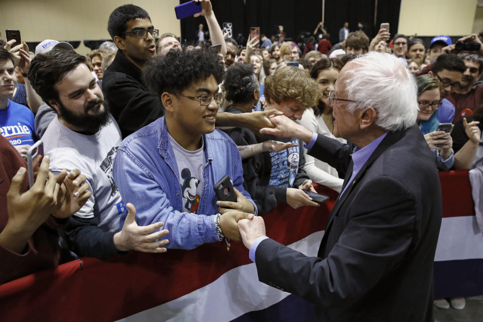 Bernie Sanders greets supporters after speaking at a campaign event, Wednesday, Feb. 26, 2020, in North Charleston, S.C.&nbsp; (Photo: ASSOCIATED PRESS)