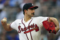 Atlanta Braves starting pitcher Spencer Strider works during the first inning of the team's baseball game against the New York Mets on Monday, Aug. 15, 2022, in Atlanta. (AP Photo/John Bazemore)