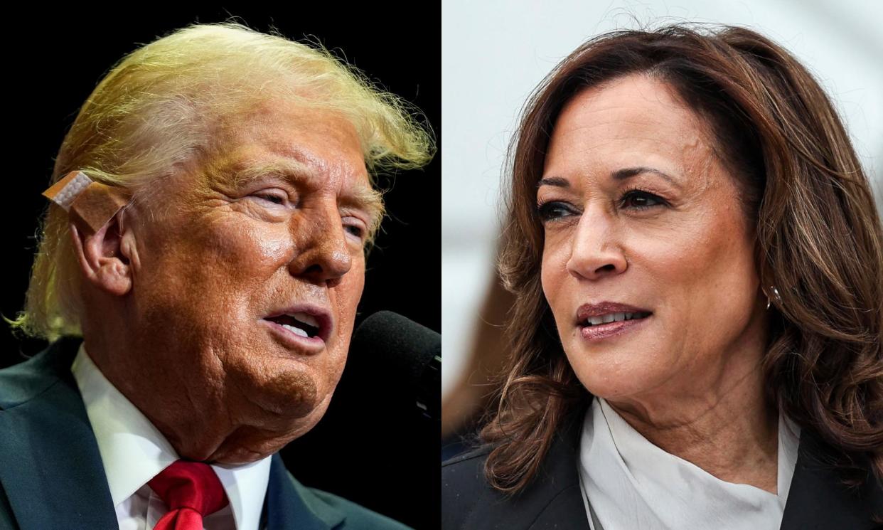 <span>Donald Trump campaigns in Grand Rapids, Michigan, on 20 July 2024. Kamala Harris speaks in Washington DC on 22 July 2024.</span><span>Composite: AP, EPA</span>