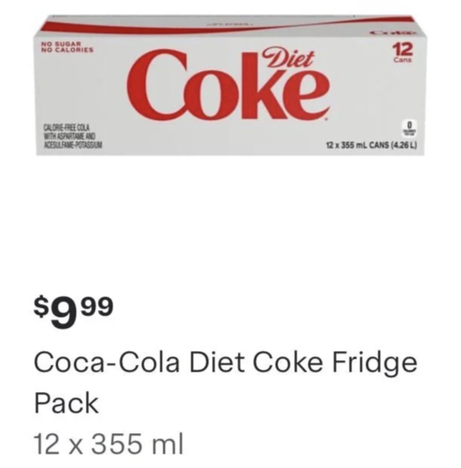 A 12-pack of Coca-Cola Diet Coke displayed with price tag "$9.99"; product details included