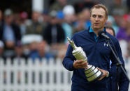 Golf - The 146th Open Championship - Royal Birkdale - Southport, Britain - July 23, 2017 USA’s Jordan Spieth celebrates with The Claret Jug after winning The Open Championship REUTERS/Paul Childs