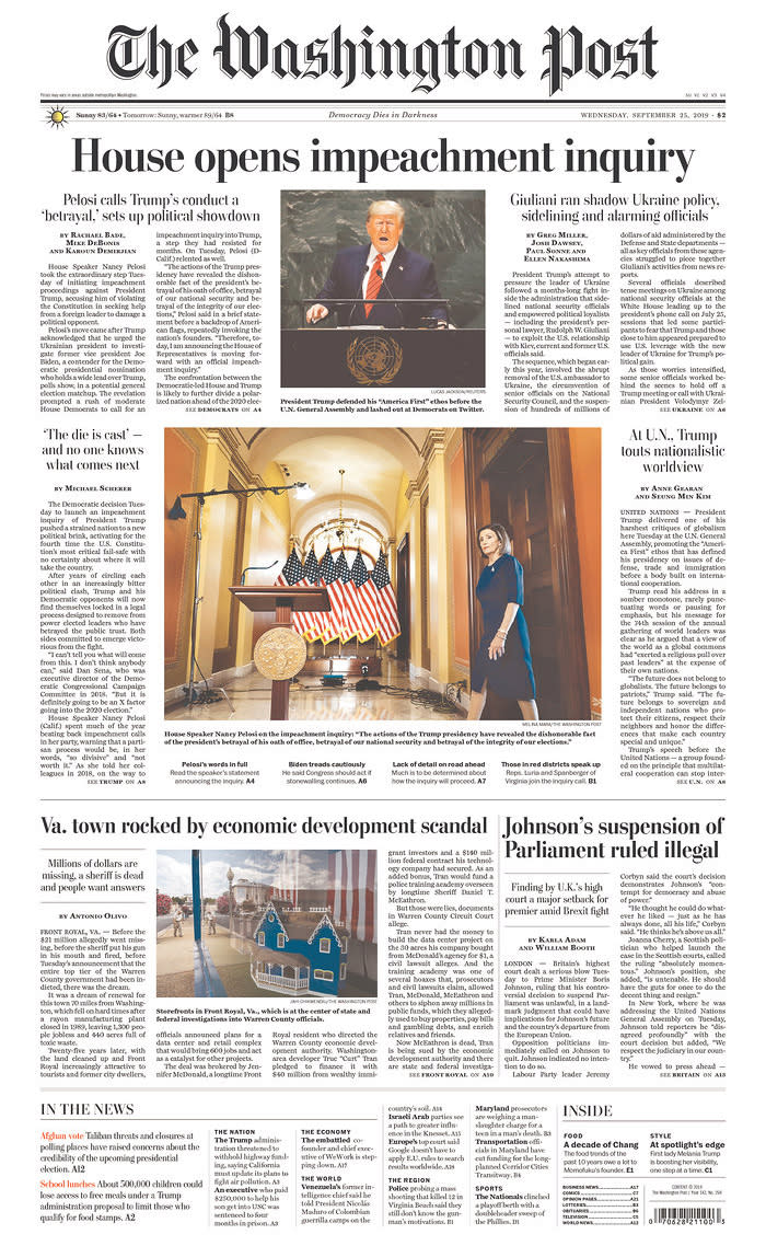 House opens impeachment inquiry The Washington Post Published in Washington, D.C. USA. (newseum.org)