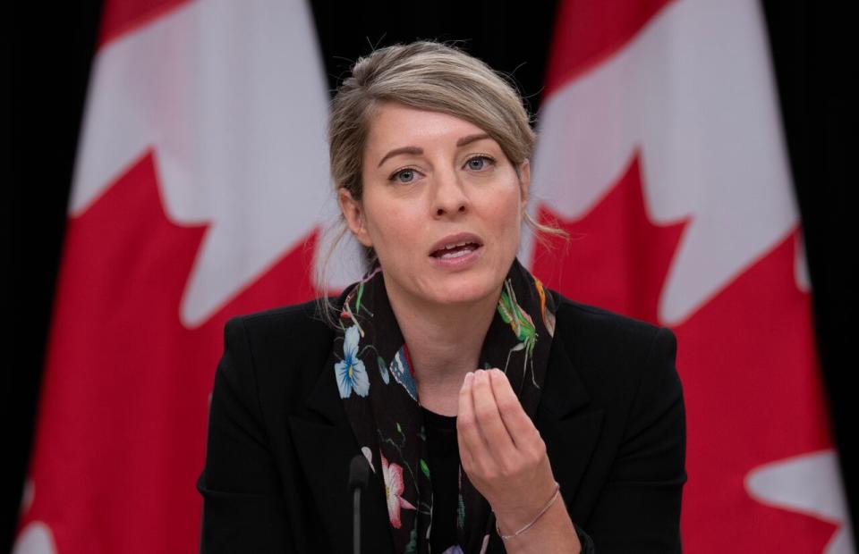 Minister of Foreign Affairs Melanie Joly responds to a question during a news conference, Thursday, October 19, 2023 in Ottawa. 