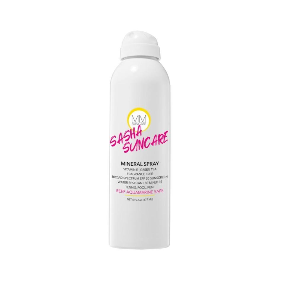 <p><strong>MMSkincare</strong></p><p>mmskincare.com</p><p><strong>$29.00</strong></p><p><a href="https://mmskincare.com/collections/sasha-suncare/products/mmskincare-sasha-suncare-mineral-sunscreen-spray-spf-30" rel="nofollow noopener" target="_blank" data-ylk="slk:Shop Now;elm:context_link;itc:0;sec:content-canvas" class="link ">Shop Now</a></p><p>Are you an outdoorsy, active kind of person? Like to jump in the pool? Worried that the water and/or sweat will wash your SPF protection away? Welllll, folks, not with this bb. The MMSkincare mineral spray sunscreen is water-resistant and won't budge. Plus, the <strong>vitamin E and green tea extract</strong> will keep that skin of yours hydrated AF.</p><p><em>MY REVIEW: It's water, sweat-resistant, and literally designed for "playing tennis, swimming, and surfing." So yeah, safe to say this sunscreen keeps up with my active lifestyle!"</em></p>