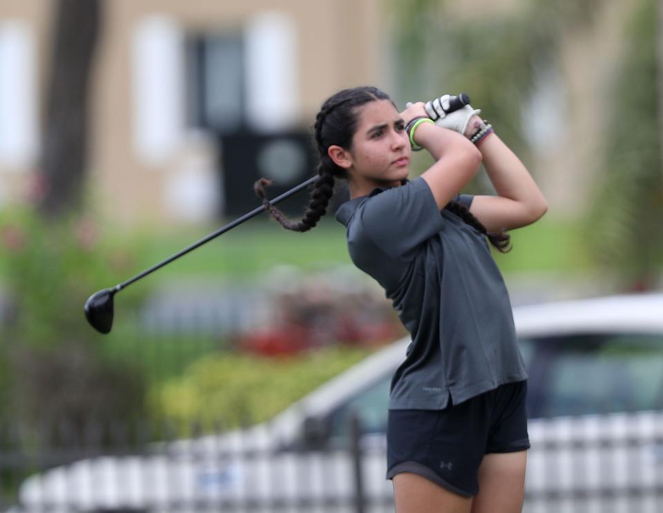 Matanzas High's Alexandra Gazzoli hits a drive, Monday Septembeer 25, 2023 during the Volusia-Flagler Girls Golf Championship at the Daytona Beach Golf Club.