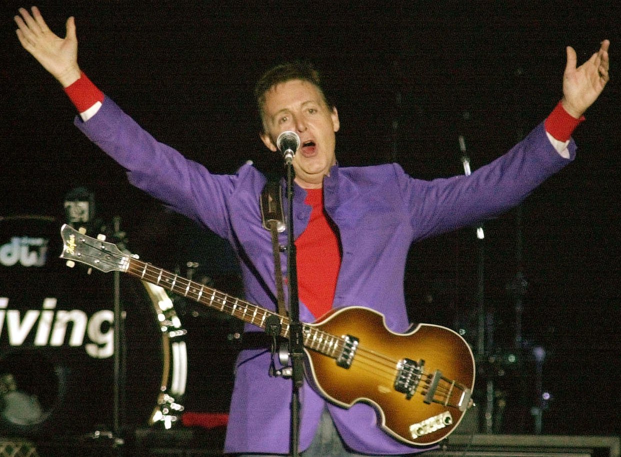 Former Beatle Sir Paul McCartney performs at the Foro Sol, during the
first of three concerts in Mexico City, as part his 