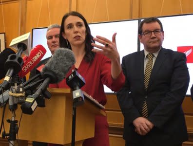 New Zealand Labour leader Jacinda Ardern speaks to the press after leader of New Zealand First party Winston Peters announced his support for her party in Wellington, New Zealand, October 19, 2017.   REUTERS/Charlotte Greenfield